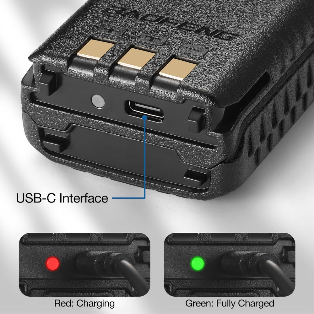 Close-up of the Baofeng UV-5R battery underside with a USB-C port and charging indicator LEDs