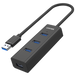 Чёрный USB-хаб Unitek с четырьмя портами USB 3.0 и встроенным кабелем USB-A, логотип UNITEK