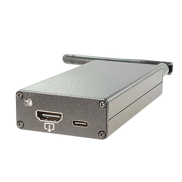 Hak5 Screen Crab - stříbrný hliníkový modul s krátkou anténou, na boku port HDMI s ikonou šipky dolů a USB-C
