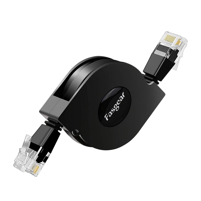 Schwarzes ausziehbares Fasgear Cat 6 Ethernet-Netzwerkkabel mit Aufrollmechanismus und zwei RJ45-Steckern, auf weißem Hintergrund