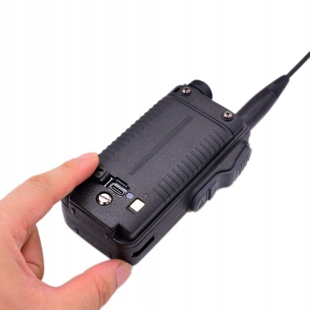 Baofeng BF-18H held in hand showing the USB-C port on the side