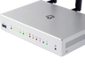 Nahaufnahme der Vorderseite des silbernen Turris Omnia 2020 Routers - Reihen farbiger Status-LEDs (Ports, PCI, WLAN), ein USB-3.0-Port und ein Netzschalter