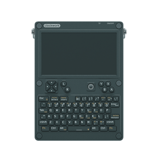 uConsole Kit RPI-CM5 8GB - przód, ciemna obudowa z klawiaturą QWERTY i ekranem 5 cali