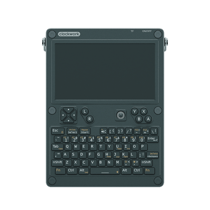 uConsole Kit RPI-CM5 8GB - передняя сторона, тёмный корпус с QWERTY-клавиатурой и 5-дюймовым дисплеем