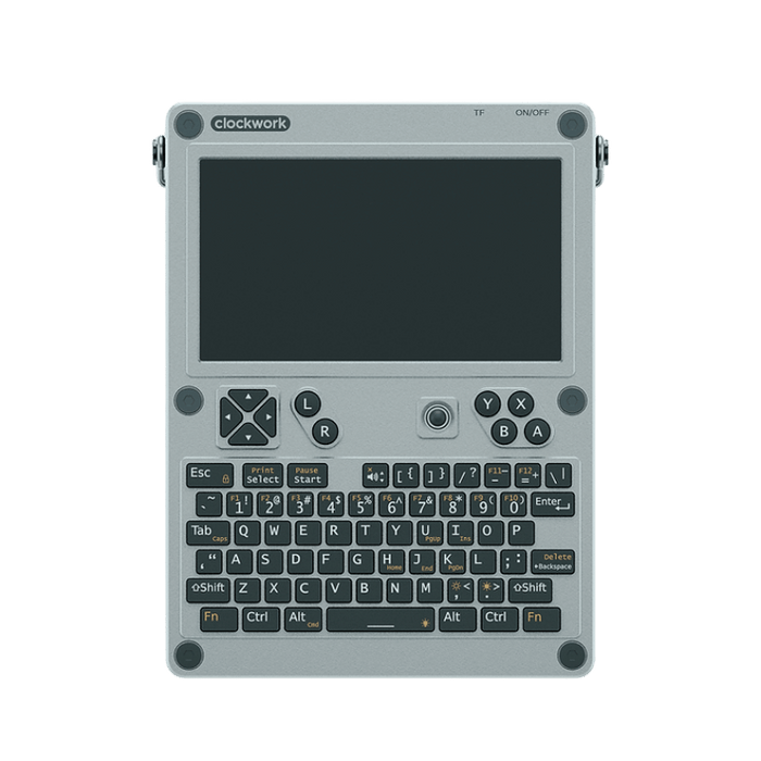 uConsole Kit RPI-CM5 8GB - передняя сторона, серебристый алюминиевый корпус с QWERTY-клавиатурой