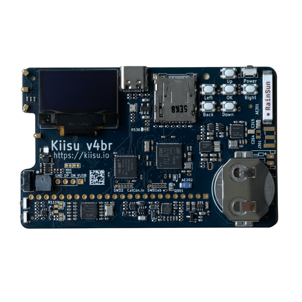 KIISU v4br zepředu - deska s OLED displejem, navigačními tlačítky a knoflíkovou baterií