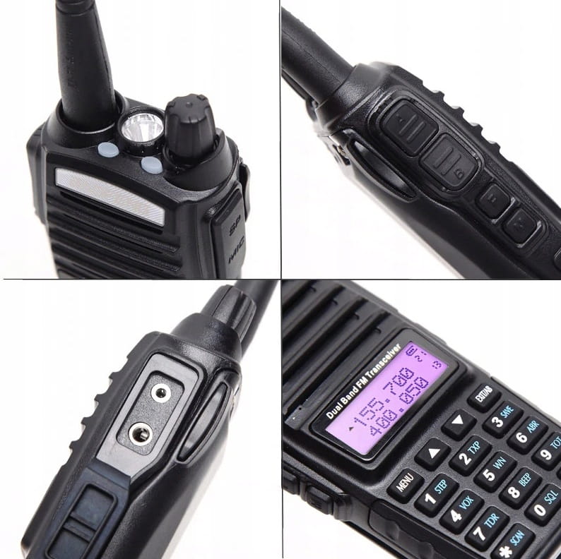 Baofeng UV-82 collage of four views - flashlight and knob, sides with PTT buttons, antenna socket and screen