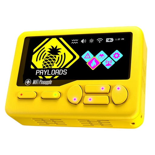 WiFi Pineapple Pager w żółtej obudowie z podświetlanymi przyciskami i menu payloads na ekranie