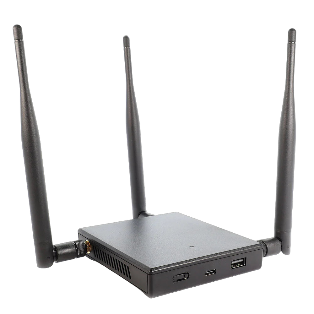 WiFi Pineapple Mark VII - black device with three antennas; at the front a switch, USB-C and a USB-A port