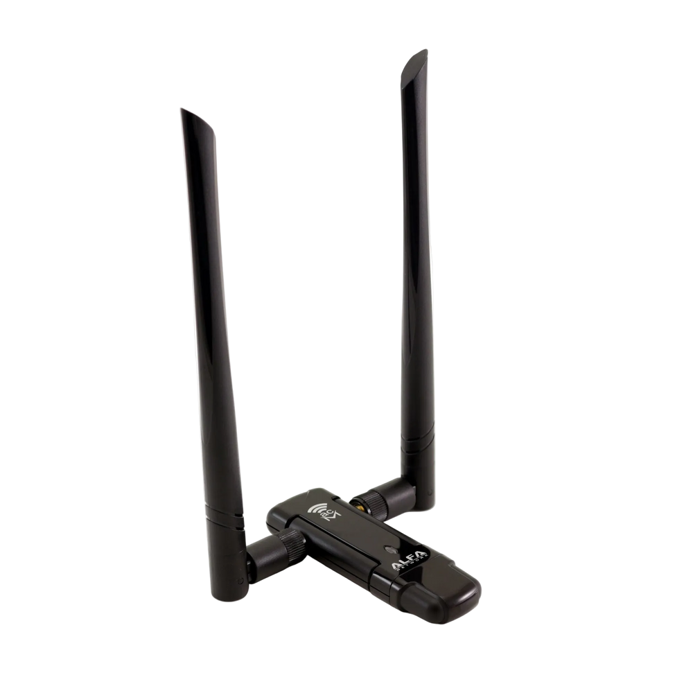 Alfa AWUS036AC USB WiFi adapter with two black antennas and the ALFA logo, view of the adapter alone