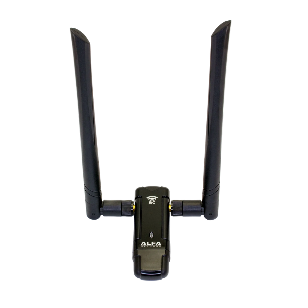 Alfa AWUS036AC USB WiFi adapter from the front, with two antennas spread in a V and the ac icon