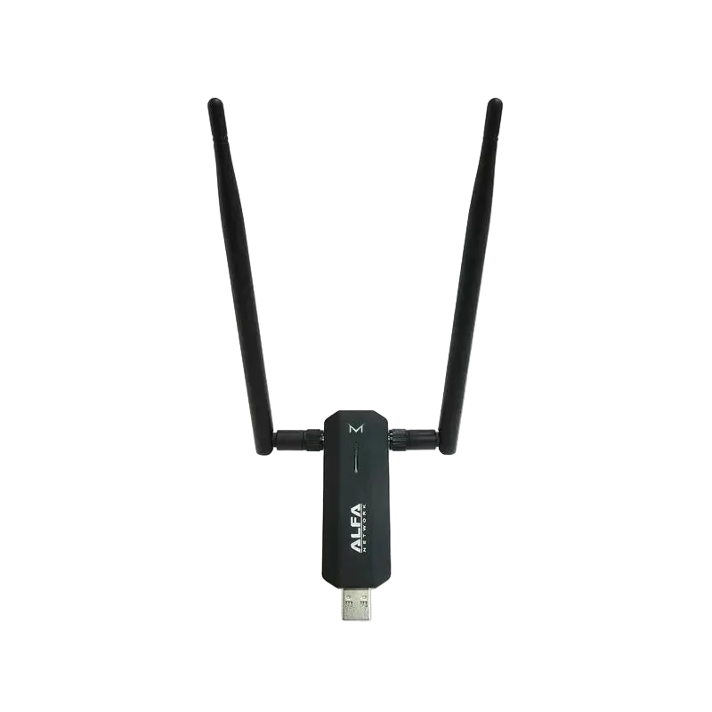 Адаптер Alfa AWUS036AXM спереди - логотип ALFA Network и две всенаправленные антенны