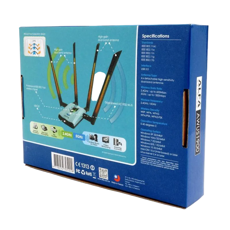 Back of the Alfa AWUS1900 Wi-Fi adapter box - blue ALFA Network packaging with specifications