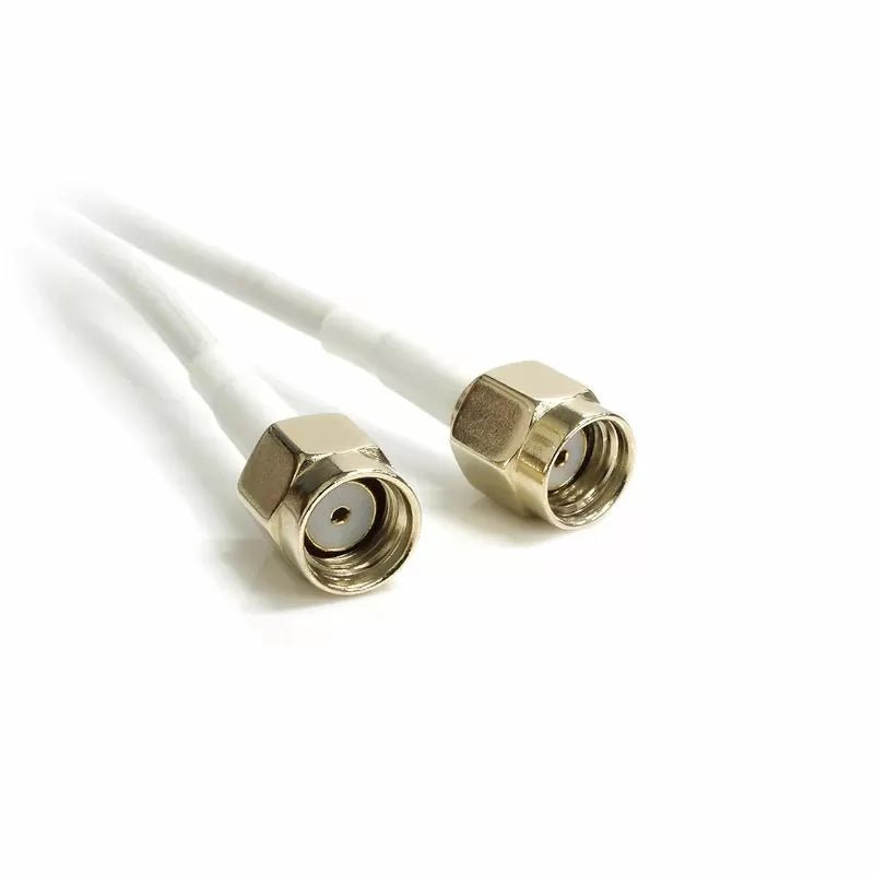 Two gold-plated RP-SMA plugs on the white cables of the Alfa WiFi 6E antenna