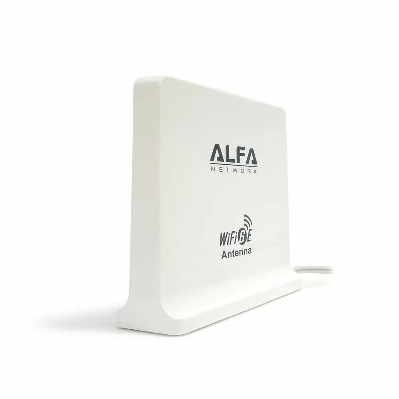 Alfa WiFi 6E Indoor Omni antenna at an angle - white flat housing with ALFA Network logo