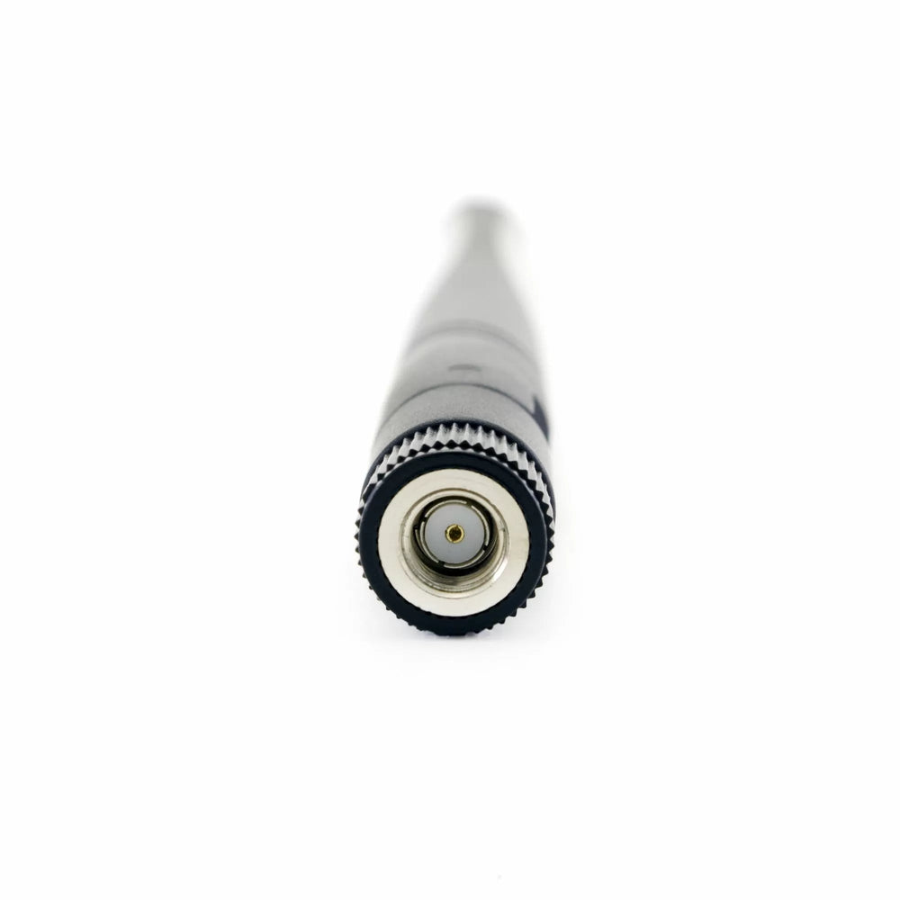 Close-up of the threaded RP-SMA connector of the black Alfa Network dual-band Wi-Fi antenna with visible gold center pin