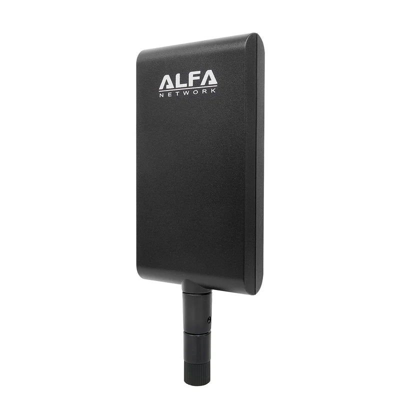 Alfa Network APA-M25 panel antenna angled view - black rectangular housing with the ALFA logo and RP-SMA joint at the bottom