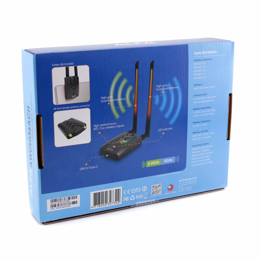 Задняя сторона коробки адаптера Alfa AWUS036ACH-C со спецификациями - 802.11ac, USB-C, две съёмные dual-band антенны, WPA3, поддержка Windows/Mac/Linux