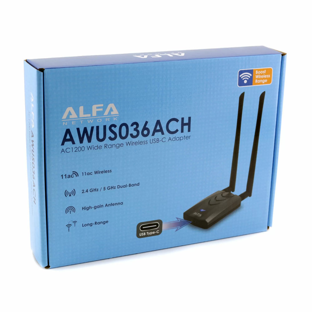 Передняя сторона коробки адаптера Alfa AWUS036ACH-C - синяя упаковка AC1200 dual-band 2,4/5 ГГц, 802.11ac, антенна с высоким усилением, USB Type-C