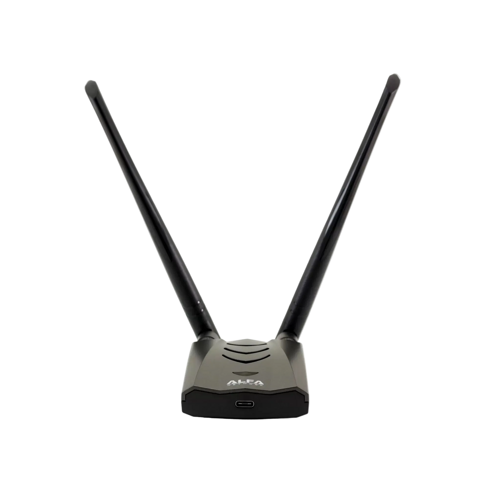 Графитовый USB-C Wi-Fi адаптер Alfa AWUS036ACH-C AC1200 с двумя чёрными антеннами, поднятыми вверх, вид спереди, логотип ALFA