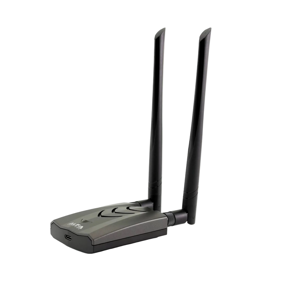 Графитовый USB-C Wi-Fi адаптер Alfa AWUS036ACH-C AC1200 с двумя антеннами под углом, логотип ALFA и LED-индикатор
