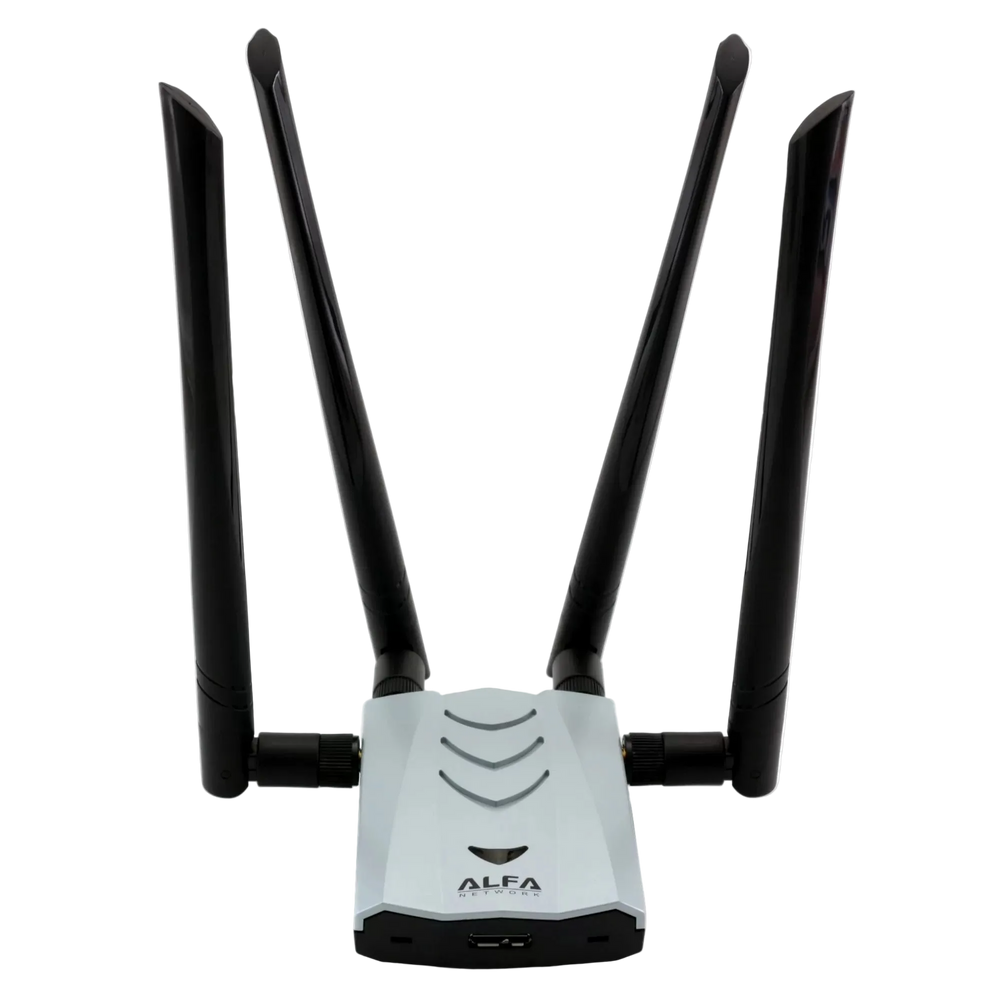 Alfa AWUS1900 USB Wi-Fi adapter from the front with four antennas raised up, ALFA logo