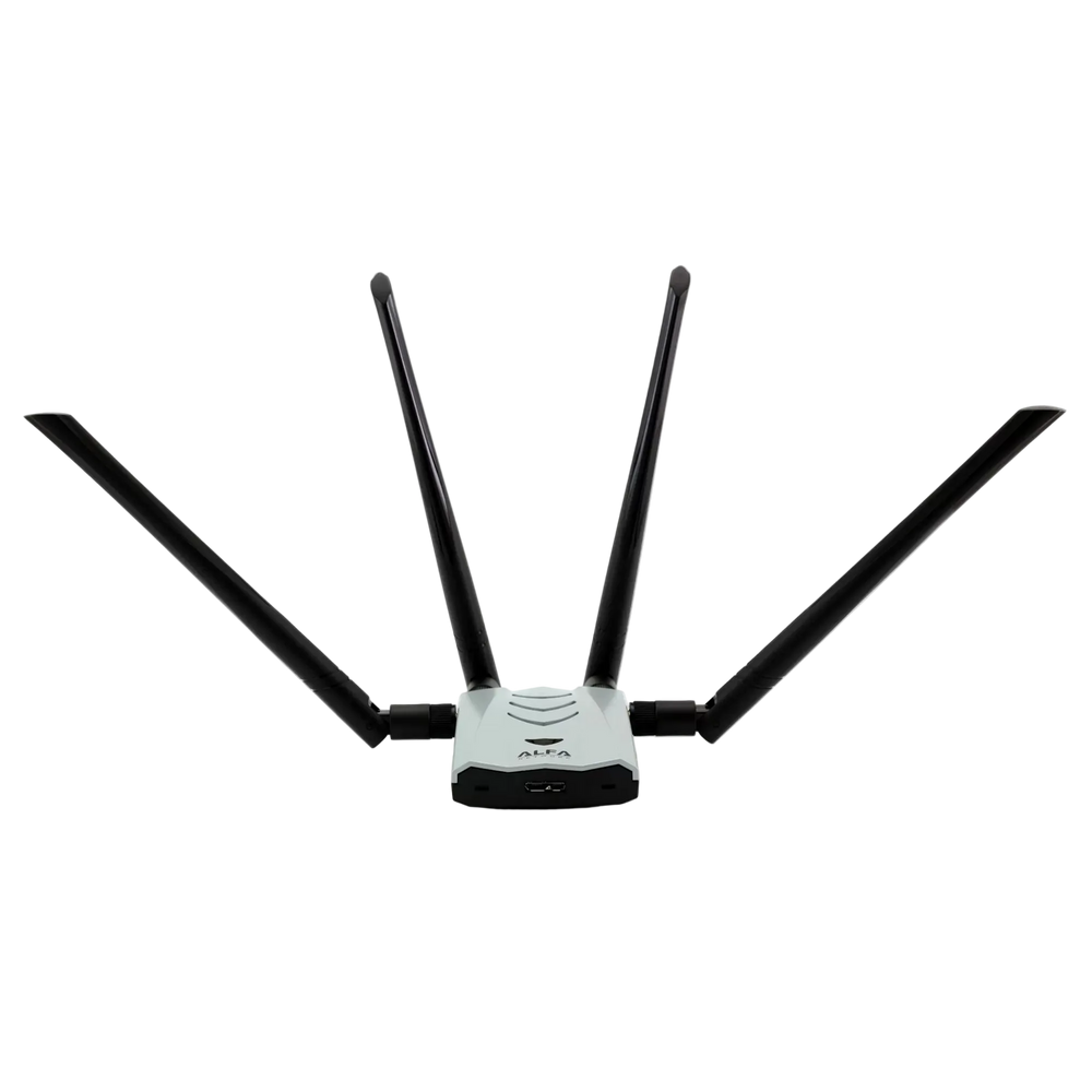 Alfa AWUS1900 USB Wi-Fi adapter with four antennas spread wide to the sides, ALFA logo