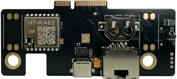 The second AIO V2 board with a LoRa module, RTC battery socket, a slot and a USB-C port