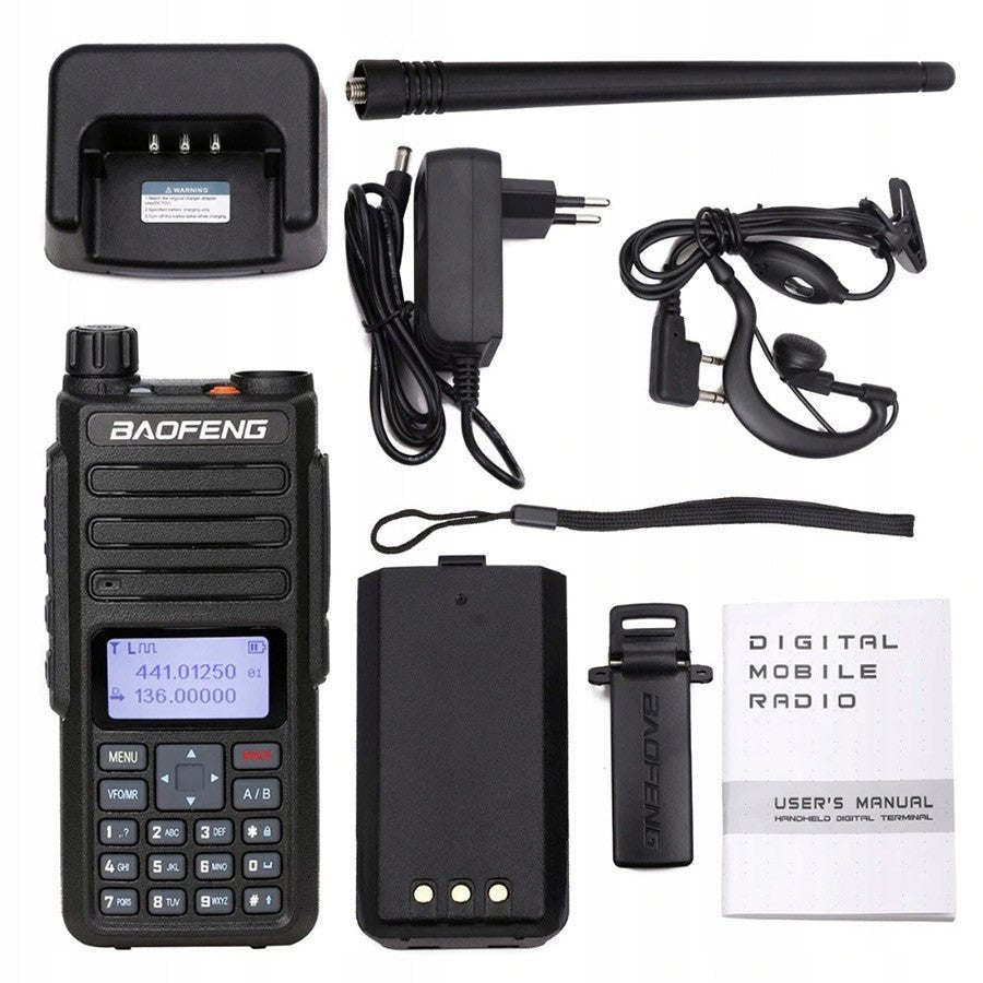 Baofeng DM-1801 z akcesoriami - ładowarka biurkowa, zasilacz, słuchawka, antena, klips i instrukcja
