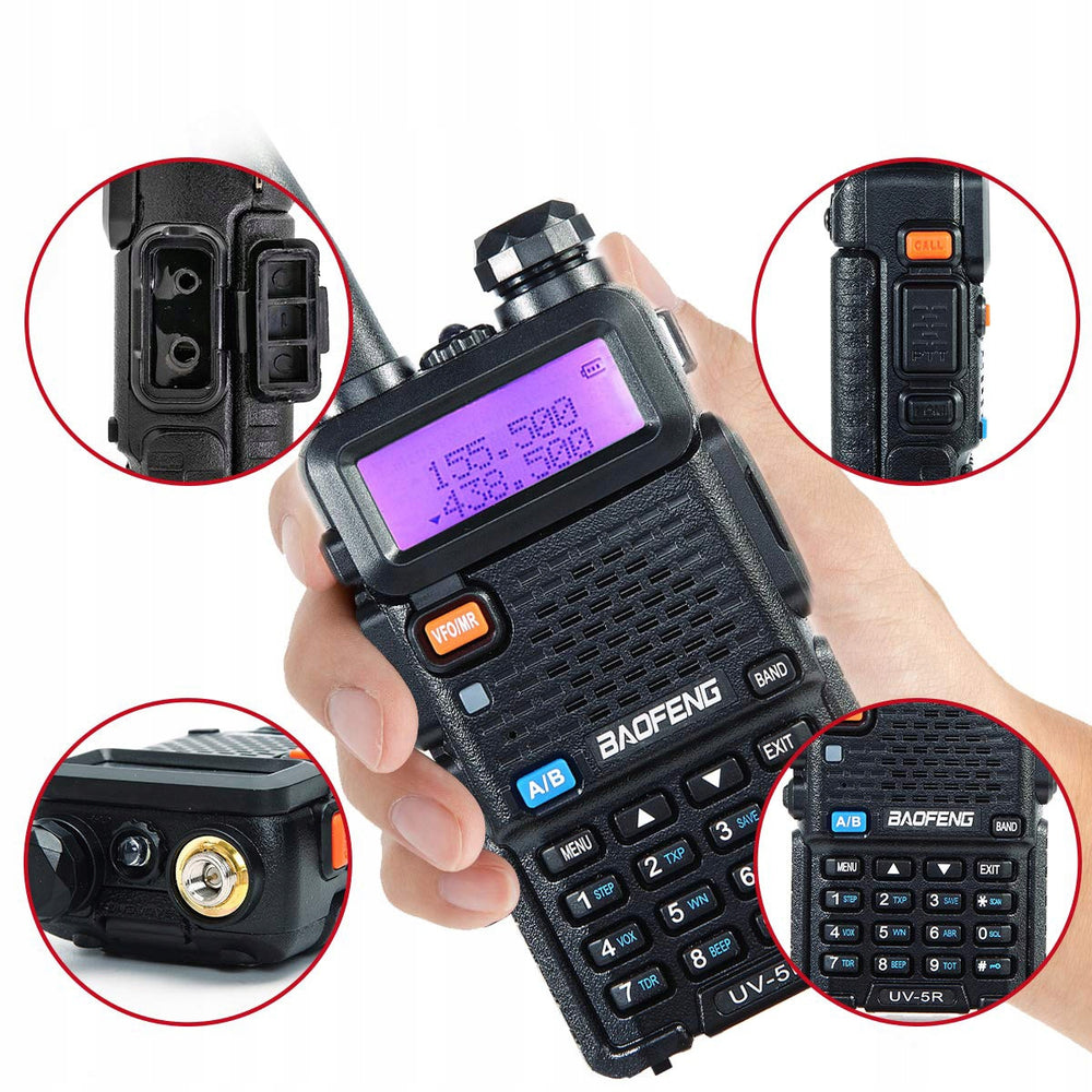 Baofeng UV-5R collage - the radio in hand and four close-ups of the connector, PTT, antenna and keypad