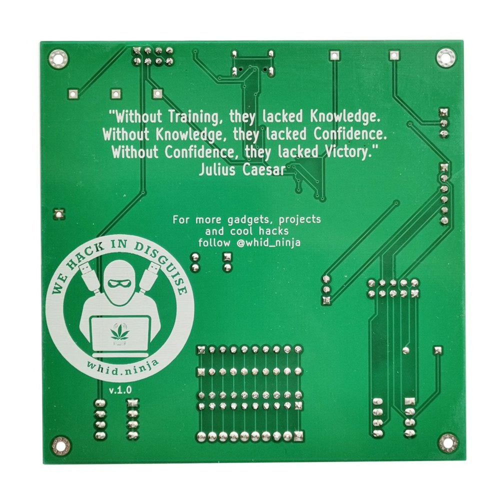 BRUSCHETTA-Board - the underside of the green board with a Julius Caesar quote and the whid.ninja We Hack in Disguise logo