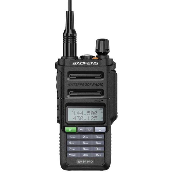 Radiotelefon Baofeng UV-9R PRO, wodoodporny, przód z wyświetlaczem dwuzakresowym, klawiaturą i anteną