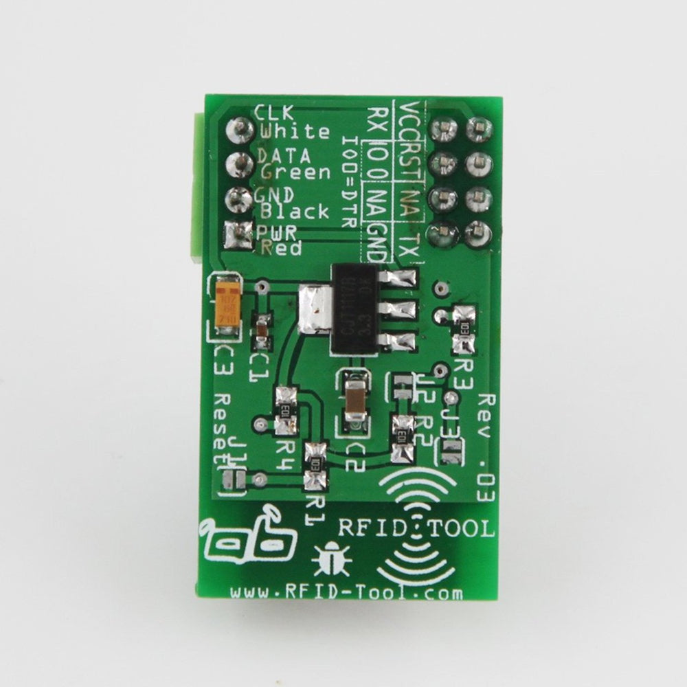 Unterseite der ESP RFID Tool Platine mit der Anschlusslegende CLK, DATA, GND und PWR und der Kennzeichnung RFID Tool Rev.03