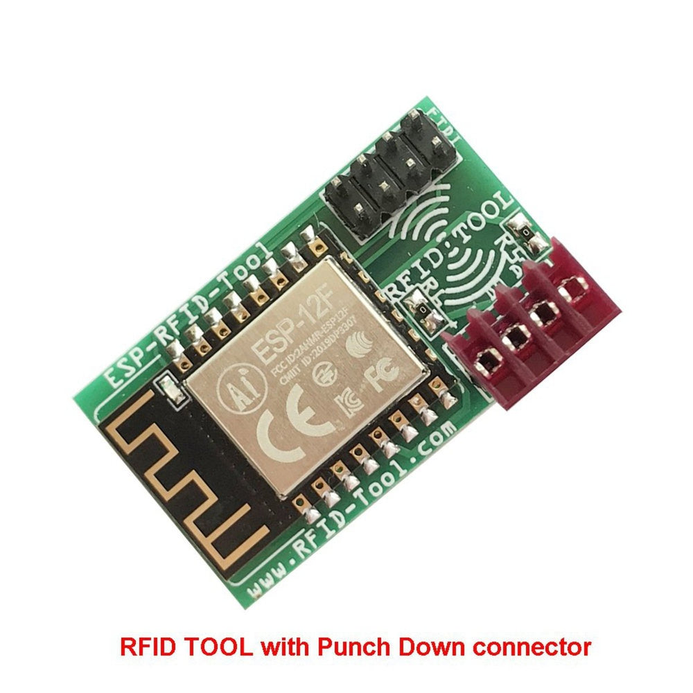 ESP RFID Tool - eine grüne Platine mit ESP-12F-Modul und rotem Punch-Down-Steckverbinder
