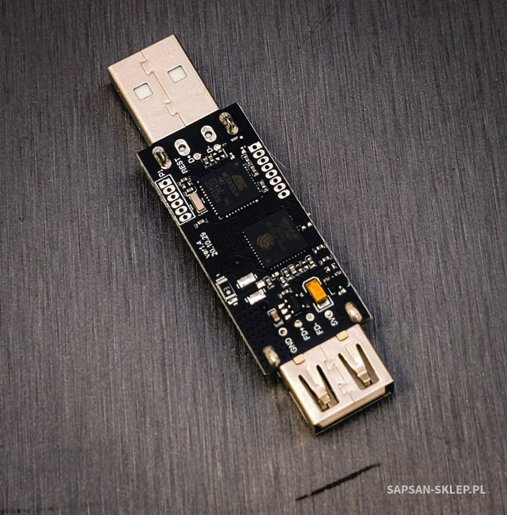EvilCrow Hardware Keylogger WiFi - a black board with a USB-A plug, a USB-A socket and the microcontroller and WiFi chips
