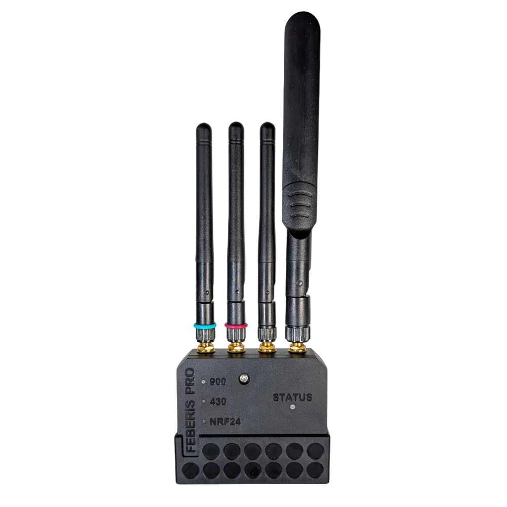 Feberis Pro from the front - four black antennas and a pin header along the bottom of the board