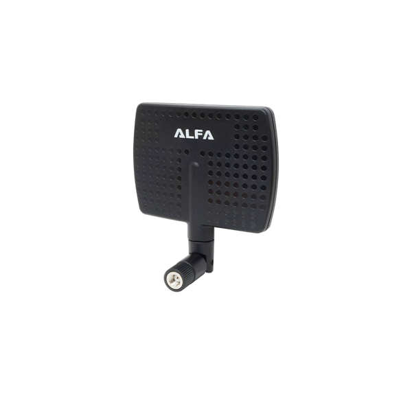 Czarna kierunkowa antena panelowa WiFi Alfa Network APA-M04 2,4 GHz 7 dBi z logo ALFA, przegubem regulacji i złączem RP-SMA