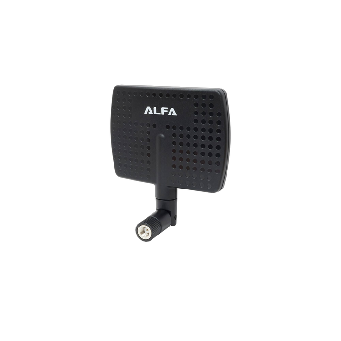 Czarna kierunkowa antena panelowa WiFi Alfa Network APA-M04 2,4 GHz 7 dBi z logo ALFA, przegubem regulacji i złączem RP-SMA
