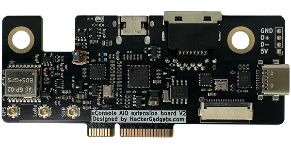 AIO V2 expansion board from above with GPS, LoRa, SDR modules and a USB-C port