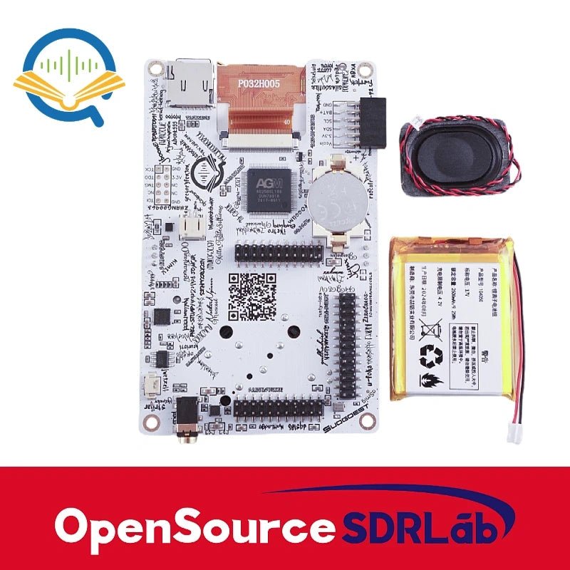 PortaPack H4M board with AGM chip, coin battery, speaker and a Li-Po battery next to it