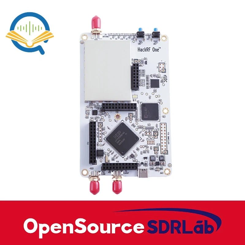 HackRF One board with RF shielding, NXP chip and SMA antenna connectors