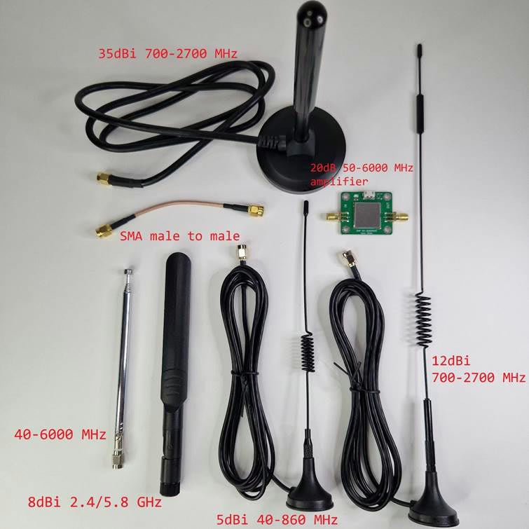 Antenna set for the HackRF bundle: telescopic, rubber omni, magnetic mount, SMA cable and amplifier