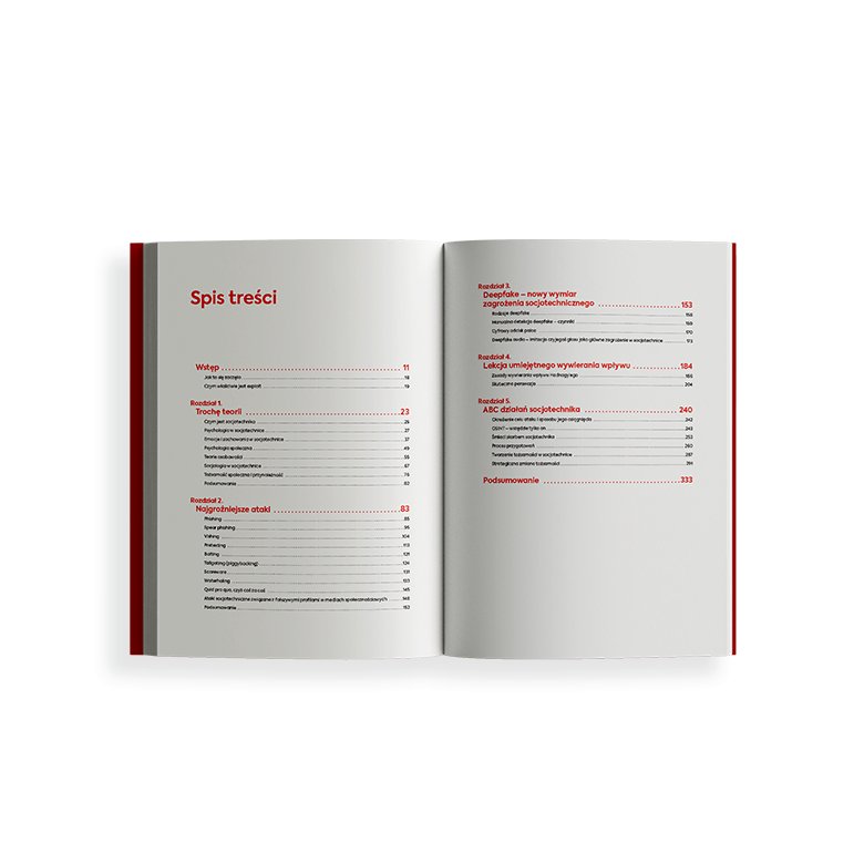 Aufgeschlagenes Buch Socjotechnika okiem detektywa - atak i obrona mit Doppelseite des Inhaltsverzeichnisses