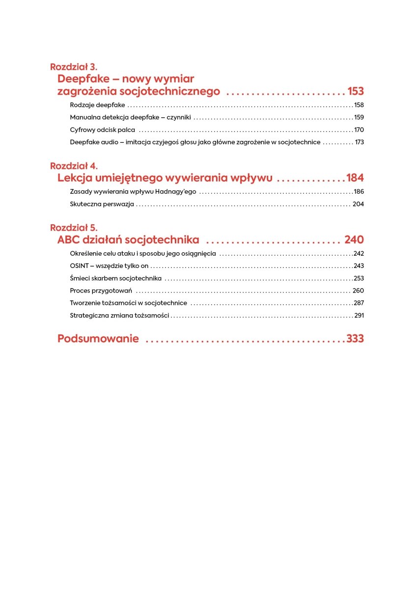 Weitere Inhaltsverzeichnis-Seite des Buchs Socjotechnika okiem detektywa - atak i obrona mit Kapiteln zu Deepfakes, Beeinflussung und den Grundlagen der Arbeit eines Social Engineers