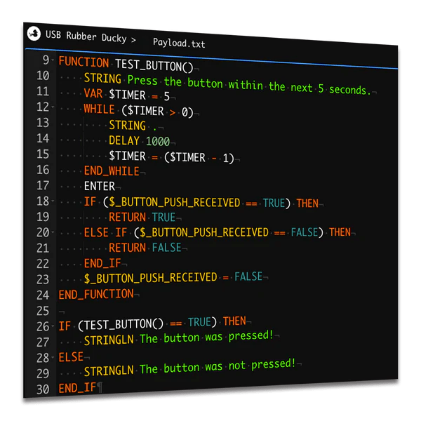 Screenshot des Payload-Studio-Editors mit DuckyScript-Code für den USB Rubber Ducky in einer Payload.txt-Datei