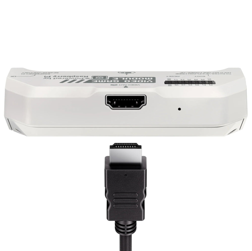 Боковая сторона игрового видеомодуля RP2040 с разъёмом HDMI Video Out и чёрным штекером кабеля HDMI ниже