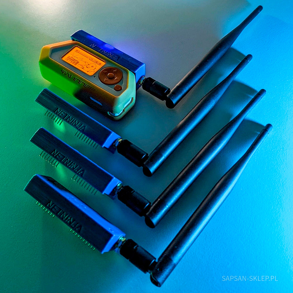 Four NetNinja modules arranged diagonally in green-blue lighting - each 3D-printed enclosure with the NETNINJA logo, header pins and a black antenna, the top module plugged into a Flipper Zero in a grey-green case with the dolphin mascot on the screen, SAPSAN-SKLEP.PL watermark
