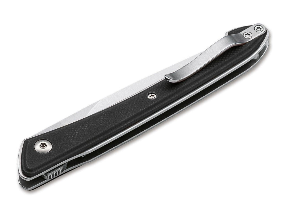 Geschlossener Spillo VG10 von hinten - schwarzer G10-Griff mit satiniertem Clip und gerändeltem Achsrad