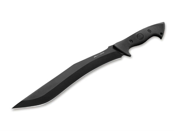 Outdoor Edge Brush Demon Machete mit schwarzer Klinge und schwarzem Griff, Schriftzug BRUSH DEMON auf der Klinge