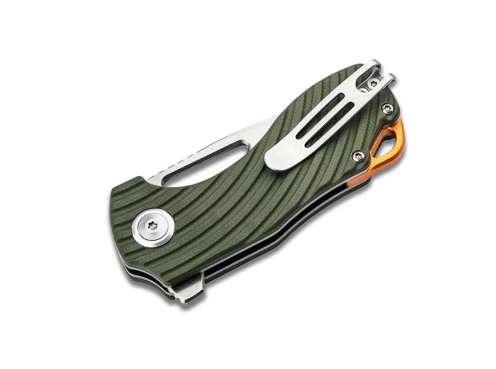 Closed Magnum Tadpole knife from the back - green G10 handle with steel pocket clip